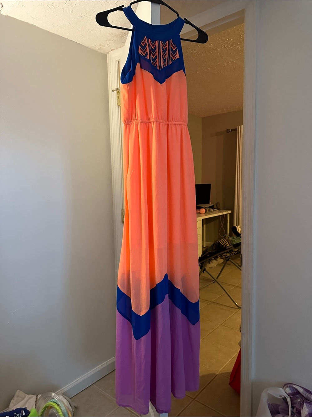 Gianni Bini Coral, Royal Blue and Lavender Chevron Maxi Dress